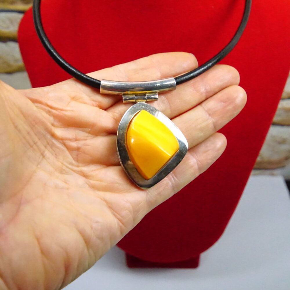 Baltic Amber and 925 Silver Black Leather Cord Modernist Necklace 18" - Her Gift